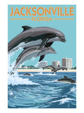 Jacksonville Beach, Florida - Jumping Dolphins Print by Lantern Press 