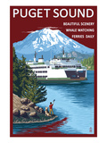 Ferry and Mount Rainier Scene - Puget Sound, Washington Posters by Lantern Press 