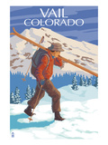 Vail, CO - Skier Carrying Skis Posters by Lantern Press 