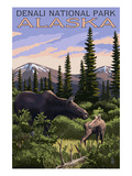Denali National Park, Alaska - Moose and Calf Art by Lantern Press 