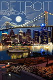 Detroit, Michigan - Skyline at Night Prints by Lantern Press 