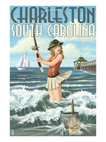 Charleston, South Carolina - Pinup Girl Surf Fishing Art by Lantern Press 