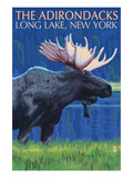 The Adirondacks - Long Lake, New York State - Moose at Night Affiches par Lantern Press 