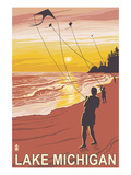 Lake Michigan - Sunset Kite Flyers Print by Lantern Press 