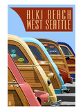 Alki Beach, West Seattle, WA - Woodies Lined Up Prints by Lantern Press 
