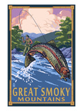 Angler Fly Fishing Scene - Great Smoky Mountains Posters by Lantern Press 