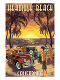 Hermosa Beach, California - Woodies and Sunset Poster by Lantern Press 