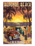 Redondo Beach, California - Woodies and Sunset Poster by Lantern Press 