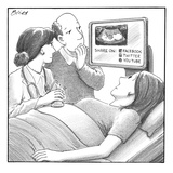Doctor and couple look at sonogram which shows fetus and option of sharing… - New Yorker Cartoon Premium Giclee Print by Harry Bliss