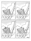 A four-paneled cartoon shows a skier on a huge ski jump. He plunges down t… - New Yorker Cartoon Premium Giclee Print by Jack Ziegler