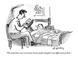 A father tucks his son into bed with a bedtime story about the corporation - New Yorker Cartoon Premium Giclee Print by Mike Twohy