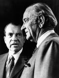 President Richard Nixon Talks with Former Pres Lyndon Johnson in the New Press Room in White House Photographie