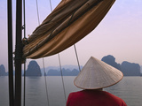 Girl with Conical Hat on a Junk Boat and Karst Islands in Halong Bay, Vietnam Photographic Print by Keren Su