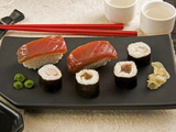 Sushi (Salmon Nigiri and Norimaki), Wasabi Cream and Pickled Sushi Ginger Slice, Japan Photographic Print by Nico Tondini