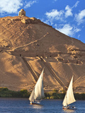 Felucca Sailboats, Temple Ruins and the Large Sand Dunes of the Sahara Desert, Aswan, Egypt Photographic Print by Miva Stock