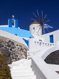 Church, Windmill and Greek Flag, Santorini, Cyclades, Greek Islands, Greece, Europe Fotografie-Druck von Sakis Papadopoulos