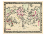 1864, World, World Map Reproduction procédé giclée