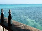 Two Local Beers on Ledge at Popular Bar, Palapa Bar, San Pedro, Ambergris Caye, Corozal District... Fotografie-Druck