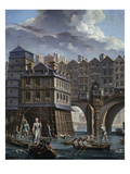 Sailors Jousting, Between the Pont Notre Dame and the Pont-Au-Change, Paris, 1756 Giclee Print by Nicolas Raguenet