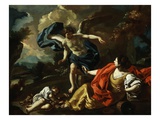 Hagar, Concubine of Abraham, and Son Ishmael in Desert Comforted by Angel Giclée-tryk af Francesco Solimena