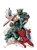 New Avengers 23 Cover: Skaar, Daredevil, Spider-Man, Ms. Marvel, and Wolverine Fighting Poster by Mike Deodato Jr.
