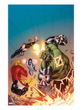Avengers 15 Cover: Hulk, Spider Woman, Ms. Marvel, and Protector Smashing, Jumping and Flying Print by Ed McGuiness