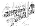Two lines of people await the subway, which seems to be going both uptown … - New Yorker Cartoon Premium Giclee Print by David Sipress