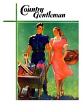 "Pushing Her Wheelbarrow," Country Gentleman Cover, April 1, 1938 Giclee Print by F. Sands Brunner