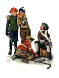 "Hockey Waits, Tying Skates,"December 17, 1927 Giclee Print by Alan Foster