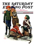 "Hockey Waits, Tying Skates," Saturday Evening Post Cover, December 17, 1927 Reproduction procédé giclée par Alan Foster