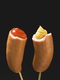 Sausages with Ketchup and Mustard on Wooden Cocktail Sticks Photographic Print
