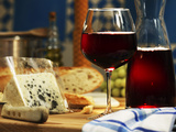 Red Wine in Glass and Carafe and a Piece of Gorgonzola Photographic Print by Michael Meisen