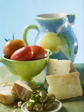 Still Life with Olives, Tomatoes, Cheese and White Bread Photographic Print