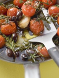 Fried Cherry Tomatoes with Garlic and Olives in Frying Pan Photographic Print