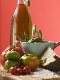 Fresh Tomatoes, Olives, Bread, Salt and Olive Oil Photographic Print