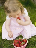 Small Girl Eating Strawberries on Grass Photographic Print