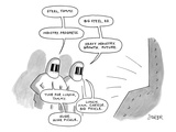 Two steel workers loftily talk about the future of the industry, then move… - New Yorker Cartoon Premium Giclee Print by Jack Ziegler