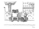 Two men on a bench. One is eating a sandwich, the other is looking through… - New Yorker Cartoon Premium Giclee Print by Zachary Kanin