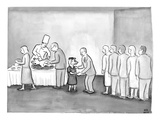 People are in line to be served portions of a roasted pig. Shaking hands a… - New Yorker Cartoon Premium Giclee Print by Paul Noth