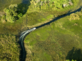 Aerial Shot of a Boat Full of Tourists on Safari in a Waterway in the Okavango Delta, Botswana Photographic Print by Karine Aigner