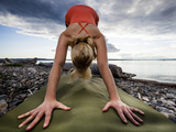 Lisa Eaton Holds a Downward Dog Yoga Pose on the Beach of Lincoln Park - West Seattle, Washington Photographic Print by Dan Holz