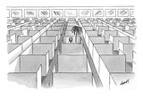 A man sits next to a palm tree in the only occupied cubicle in an office. - New Yorker Cartoon Premium giclée print van Tom Cheney