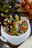Seafood Rice with Mussels, Shrimps, Tomato, Olives, Peas, Italian Cuisine, Italy Photographic Print by Nico Tondini