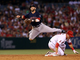 Anaheim, CA - July 05: Second baseman Dustin Pedroia and Mike Trout Photographic Print