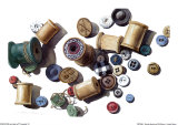 Bobines de bois et vieux boutons Posters par Carolyn Watson