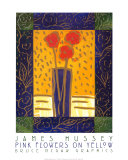 Pink Flowers on Yellow Print by Hussey 