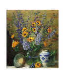 Delphiniums et vase chinois Poster par F. Janca