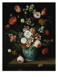 Flowers in a Chinese Transitional Blue and White Jardiniere, with Moths and Other Insects on a Ledg Giclee Print by Jan van Kessel