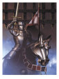 Anight in Armor with His Sword Drawn Riding a Horse