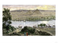 Pyramids at Gizeh, with Dhows on the Nile River in Egypt Lámina giclée